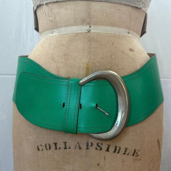 Vintage Wide Leather Hip Belt Statement 80s 90s green silver EDWARDS rare main image 9